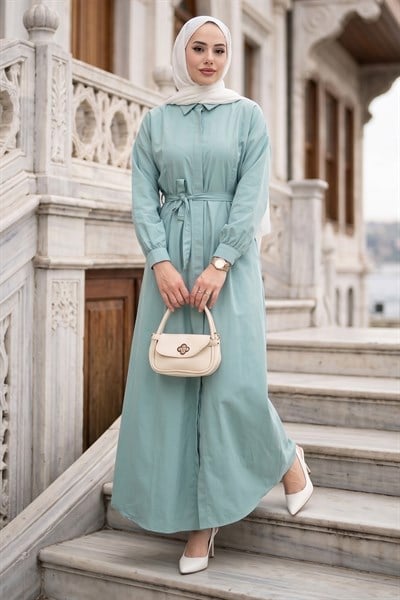 Eliz Düğmeli Pensli Kuşaklı Elbise Mint HM2944
