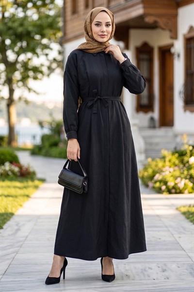 Eliz Düğmeli Pensli Kuşaklı Elbise Siyah HM2944