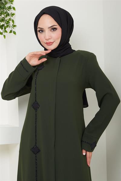 Erva Taş Detaylı Ferace Haki HM2478