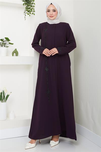 Erva Taş Detaylı Ferace Mürdüm HM2478