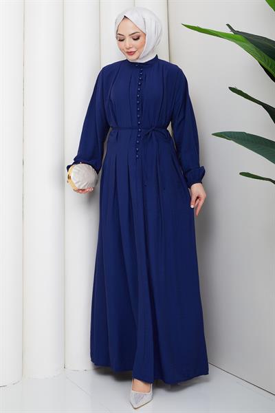 Esila Bağcıklı Britli Tesettür Elbise Lacivert HM2884