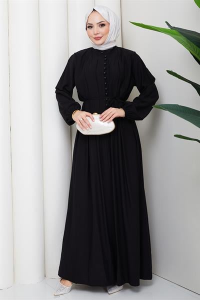 Esila Bağcıklı Britli Tesettür Elbise Siyah HM2884