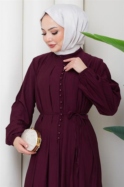 Esila Bağcıklı Britli Tesettür Elbise Bordo HM2884