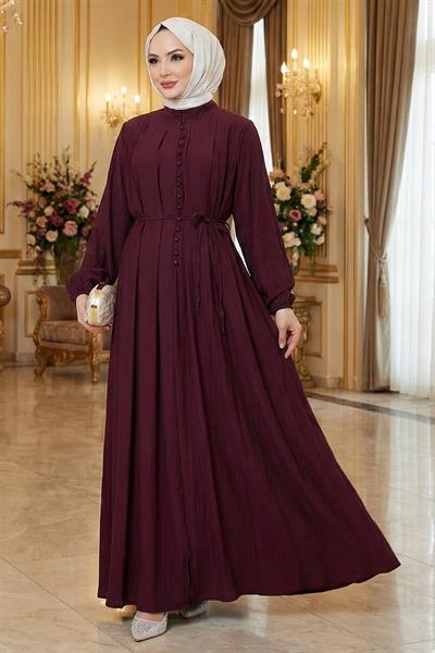 Esila Bağcıklı Britli Tesettür Elbise Bordo HM2884