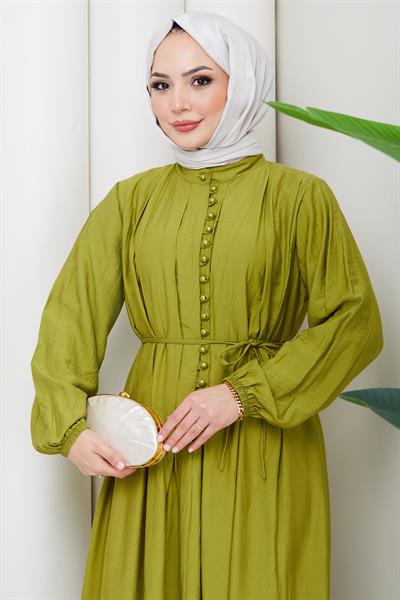 Esila Bağcıklı Britli Tesettür Elbise Yeşil HM2884