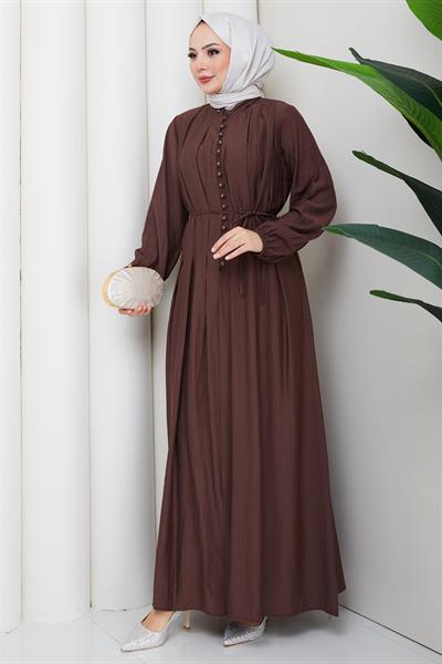 Esila Bağcıklı Britli Tesettür Elbise Kahverengi HM2884