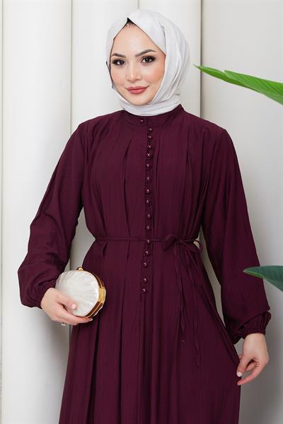 Esila Bağcıklı Britli Tesettür Elbise Bordo HM2884