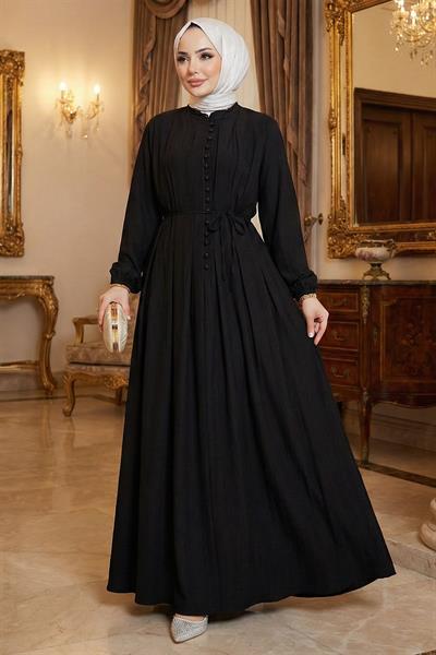 Esila Bağcıklı Britli Tesettür Elbise Siyah HM2884