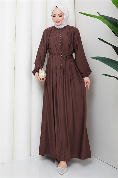 Esila Bağcıklı Britli Tesettür Elbise Kahverengi HM2884
