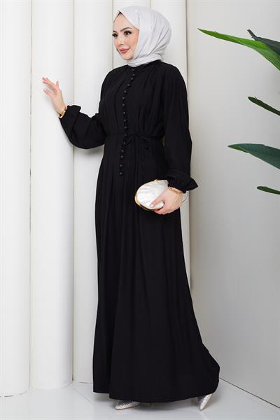 Esila Bağcıklı Britli Tesettür Elbise Siyah HM2884