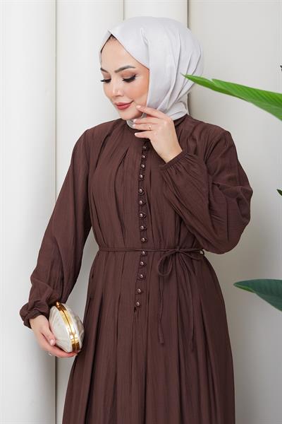 Esila Bağcıklı Britli Tesettür Elbise Kahverengi HM2884