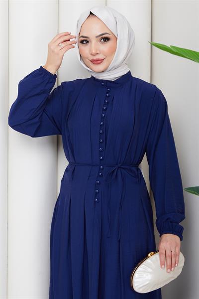 Esila Bağcıklı Britli Tesettür Elbise Lacivert HM2884