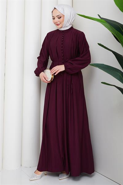 Esila Bağcıklı Britli Tesettür Elbise Bordo HM2884