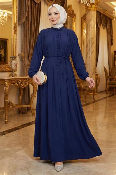 Esila Bağcıklı Britli Tesettür Elbise Lacivert HM2884
