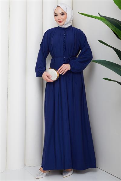 Esila Bağcıklı Britli Tesettür Elbise Lacivert HM2884