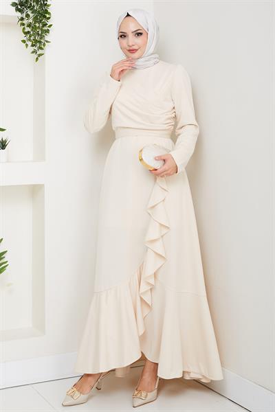 Eteği Fırfırlı Drapeli Elbise Krem HM2419
