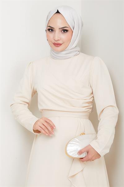 Eteği Fırfırlı Drapeli Elbise Krem HM2419