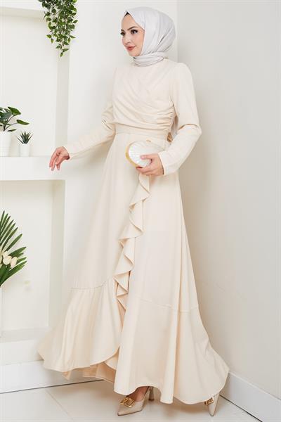 Eteği Fırfırlı Drapeli Elbise Krem HM2419
