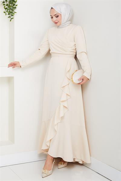 Eteği Fırfırlı Drapeli Elbise Krem HM2419