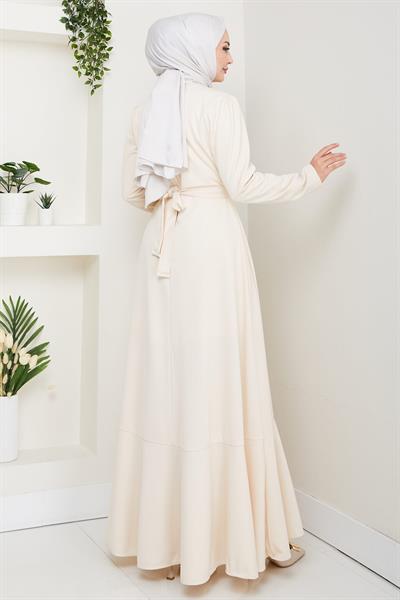 Eteği Fırfırlı Drapeli Elbise Krem HM2419