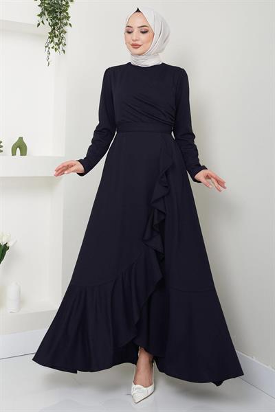 Eteği Fırfırlı Drapeli Elbise Lacivert HM2419