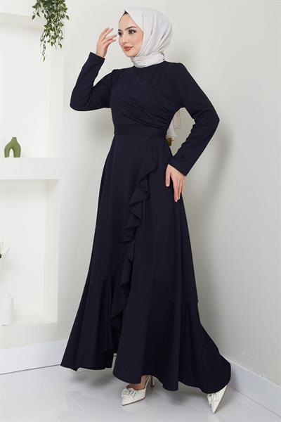 Eteği Fırfırlı Drapeli Elbise Lacivert HM2419