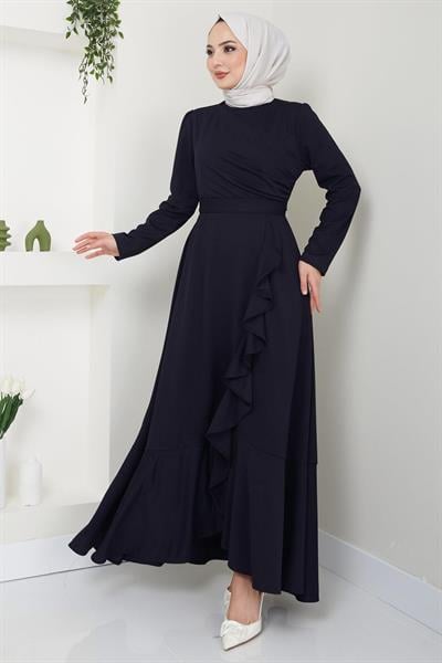 Eteği Fırfırlı Drapeli Elbise Lacivert HM2419