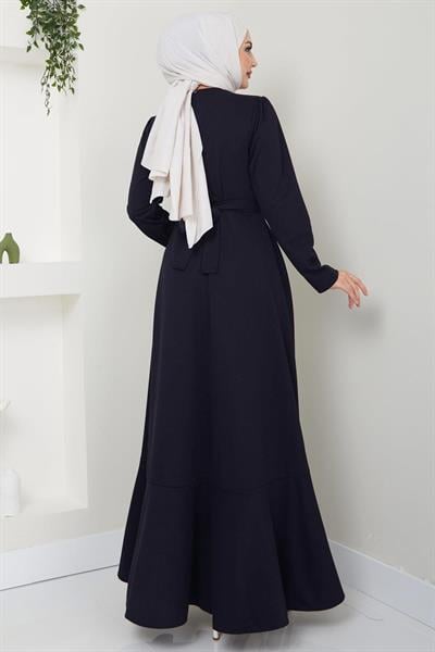 Eteği Fırfırlı Drapeli Elbise Lacivert HM2419
