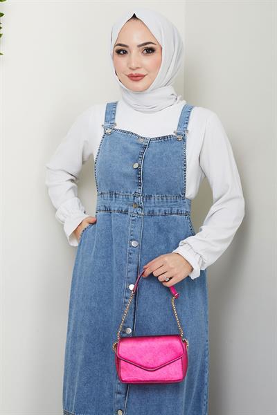 Eteği Fırfırlı Düğmeli Kot Salopet Elbise Mavi HM2672