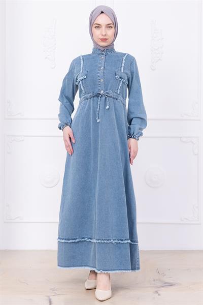 Eteği Püsküllü Düğmeli Bağlamalı Kot Elbise Mavi HM2673