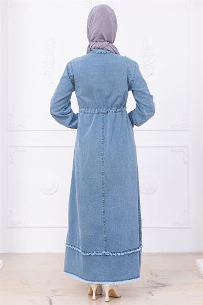 Eteği Püsküllü Düğmeli Bağlamalı Kot Elbise Mavi HM2673