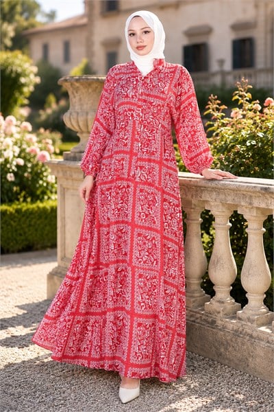 Etnik Desenli Elbise Kırmızı HM262799