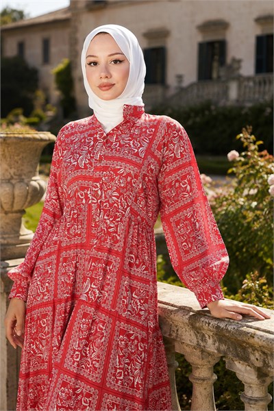 Etnik Desenli Elbise Kırmızı HM262799