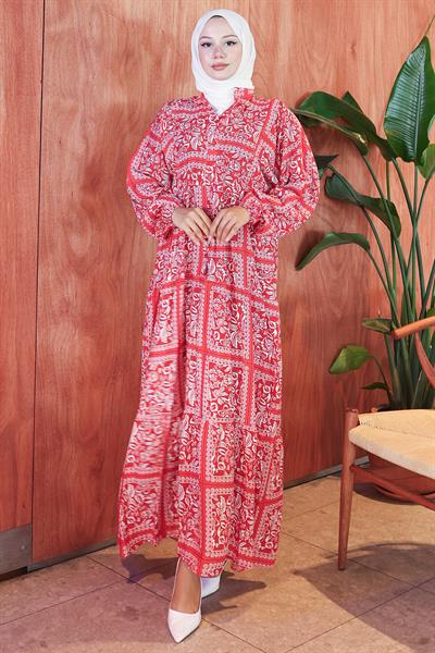 Etnik Desenli Modal Elbise Kırmızı HM2799