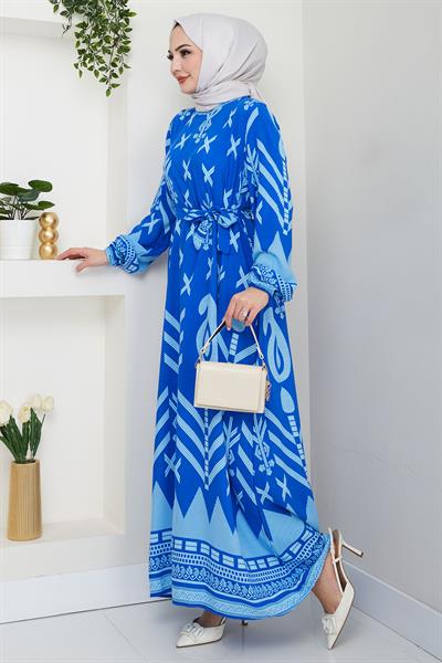 Ferah Desenli Yazlık Viskon Elbise Mavi HM2679