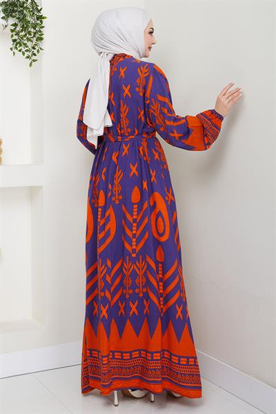 Ferah Desenli Yazlık Viskon Elbise Mor HM2679