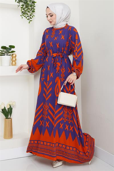 Ferah Desenli Yazlık Viskon Elbise Mor HM2679