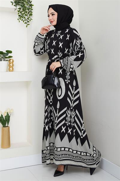 Ferah Desenli Yazlık Viskon Elbise Siyah HM2679