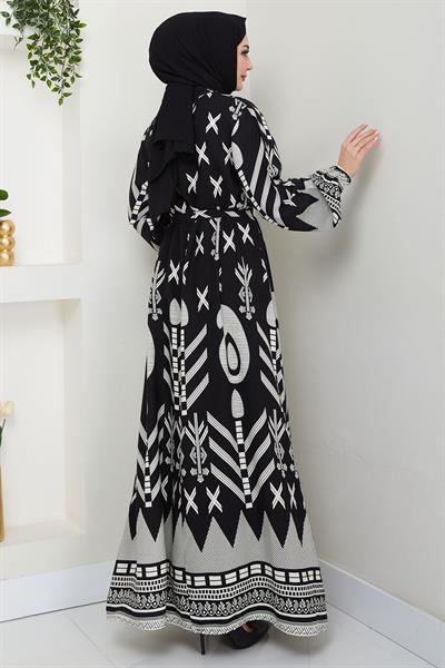 Ferah Desenli Yazlık Viskon Elbise Siyah HM2679