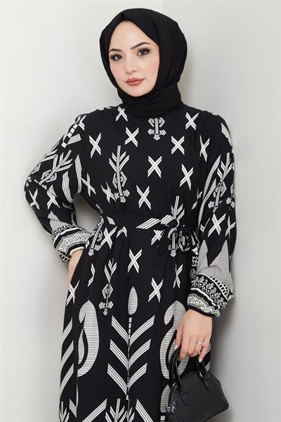 Ferah Desenli Yazlık Viskon Elbise Siyah HM2679