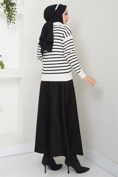 Fermuar Detaylı Çizgili Triko Kazak Beyaz HM2611