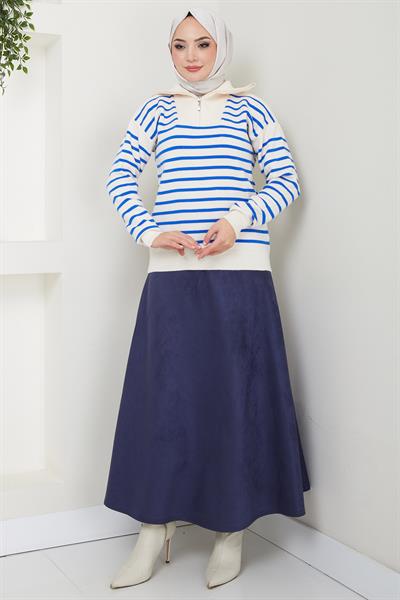 Fermuar Detaylı Çizgili Triko Kazak Saks Rengi HM2611