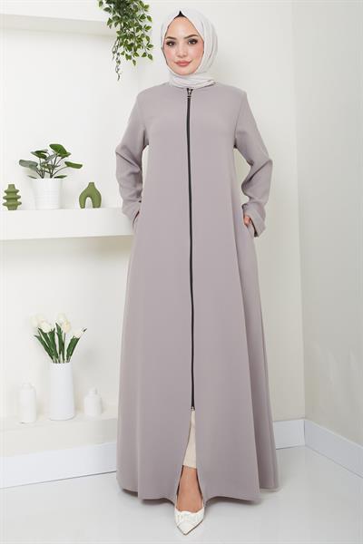 Fermuarlı Büyük Beden Ferace Bej HM2488