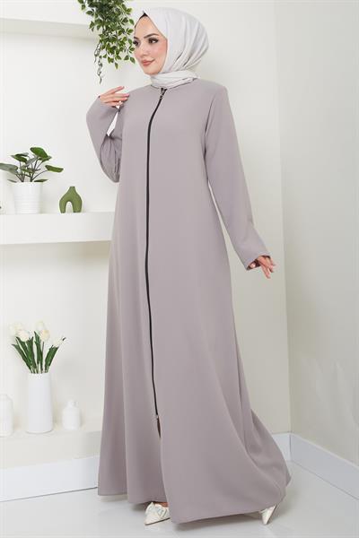 Fermuarlı Büyük Beden Ferace Bej HM2488