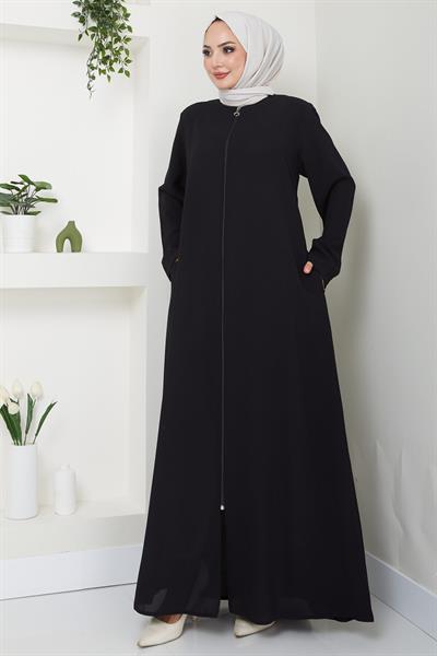 Fermuarlı Büyük Beden Ferace Siyah HM2488