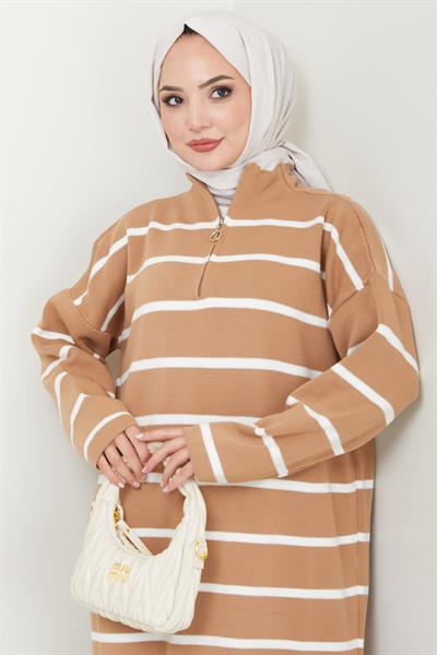 Fermuarlı Çizgili Triko Elbise Camel HM2528
