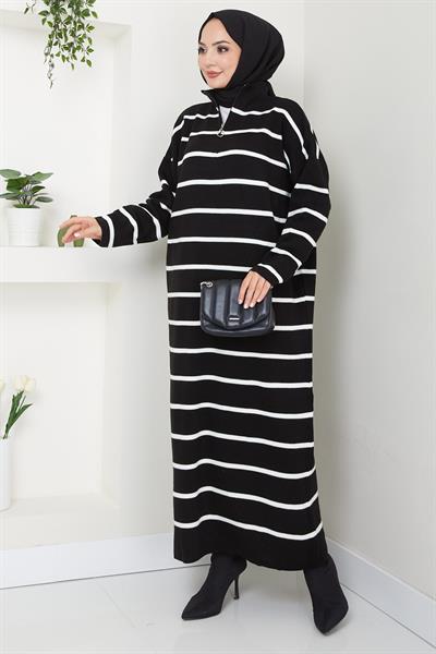 Fermuarlı Çizgili Triko Elbise Siyah HM2528