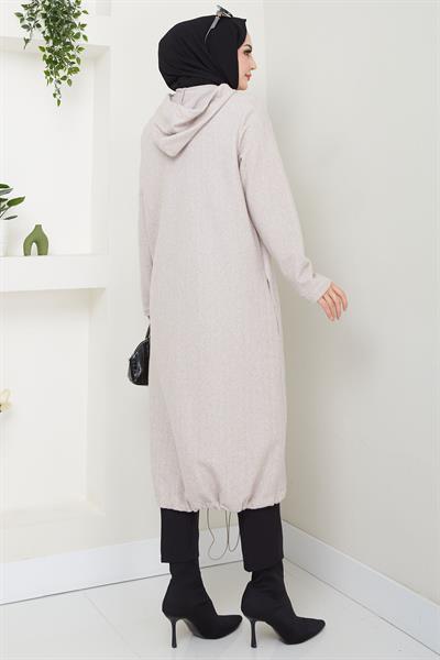 Fermuarlı Kapüşonlu Kap Krem HM2636