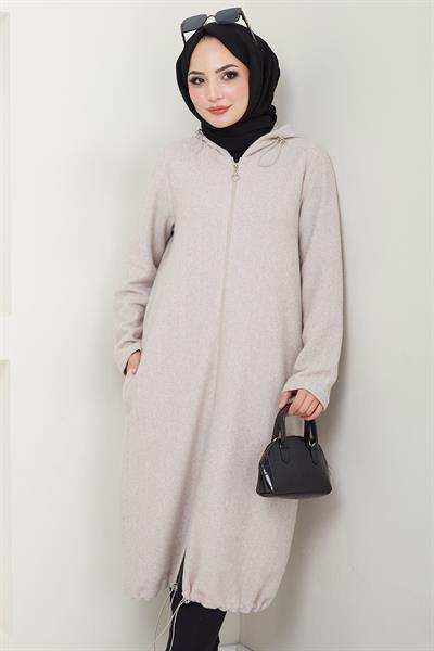 Fermuarlı Kapüşonlu Kap Krem HM2636