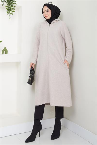 Fermuarlı Kapüşonlu Kap Krem HM2636